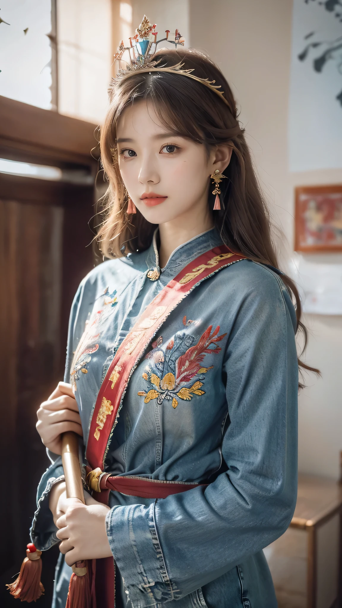 Best quality, masterpiece, super detailed high resolution, (realistic: 1.4), watercolor style, illustration, dazzling background color,, 1 Girl Holding Weapon, (Solo Exhibition: 1.2), (Denim Lens: 1.2), (Hair Crown: 1.2), Chinese Dunhuang Traditional Costume, No Straps, (Red Eyeliner: 1.2), (: 1.4), Earrings, Dynamic Angle, Opera House, messy_long_hair, Ink, Movie Lights, lens_flare, Velvet, Chrysanthemum, Tassels, Ribbons, Color Embroidery,