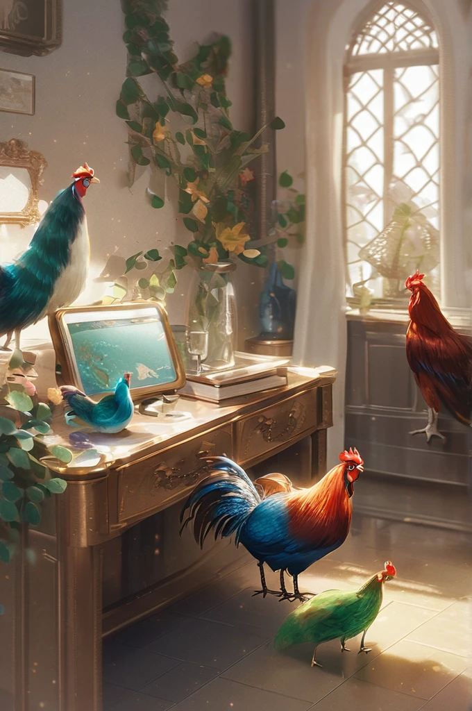 ((Лучшее качество)), ((шедевр)), (подробный), rooster, dog and peacock