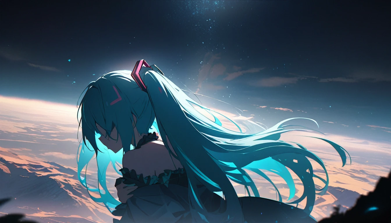 Highest quality, masterpiece, animation,Hatsune Miku,A girl gently embraces the big, beautiful, blue Earth, Landscape, Double exposure, Light and shadow contrast