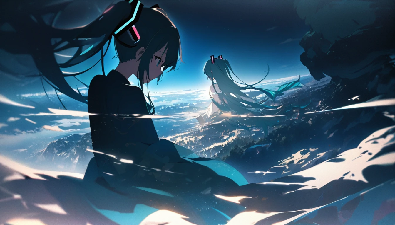 Highest quality, masterpiece, animation,Hatsune Miku,A girl gently embraces the big, beautiful, blue Earth, Landscape, Double exposure, Light and shadow contrast