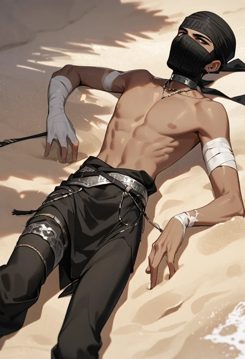 Male arab warrior, medivial, black balaclava, black bandage, black clothes, thin waist, skinny body, makeup, black eyeliner, femboy, metal choker, light skin, laying on sand, black trousers, white long bandage gloves
