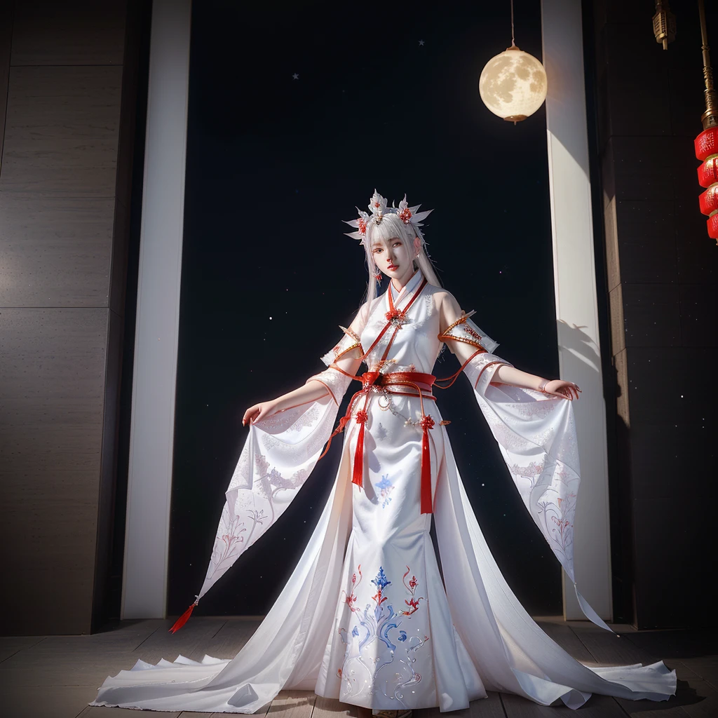 arafed image of a woman dressed in a white dress and a red cape, onmyoji, onmyoji detailed art, lunar themed attire, onmyoji portrait, beautiful celestial mage, inspired by Pu Hua, white haired deity, heise jinyao, full body xianxia, inspired by Huang Shen, xianxia hero, inspired by Lü Ji