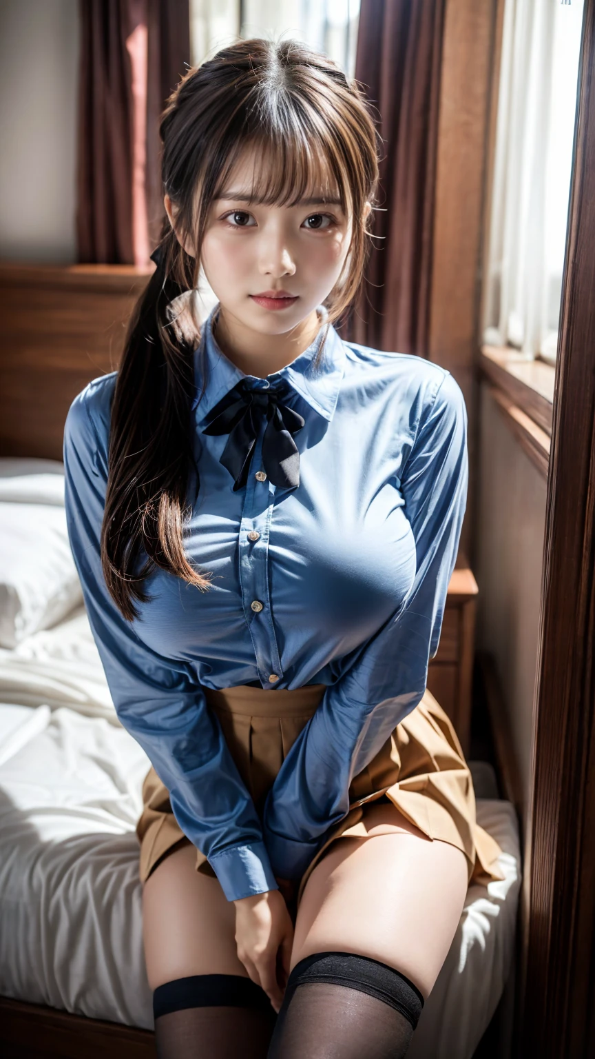 (8K, RAW Photos, Highest quality, masterpiece:1.2), (professional photography, full colors, studio-caliber color grading), (Gravure quality for high-end fashion magazines), BREAK,18 year old girl, (fluffy ponytail:1.2), Big Natural Color Lip, Plumpy body, (smooth skin:1.1), huge breasts, BREAK, (collared shirt:1.1), pleated skirt, knee high socks, BREAK, hotel room, cute , ta