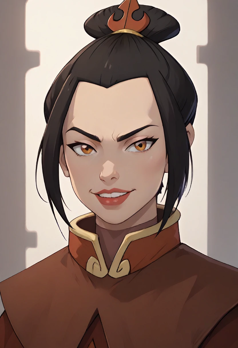 ((masterpiece, best quality)), (Azula), Azula smirks at viewer, lipstick, upper body: bare shoulders, skinny 