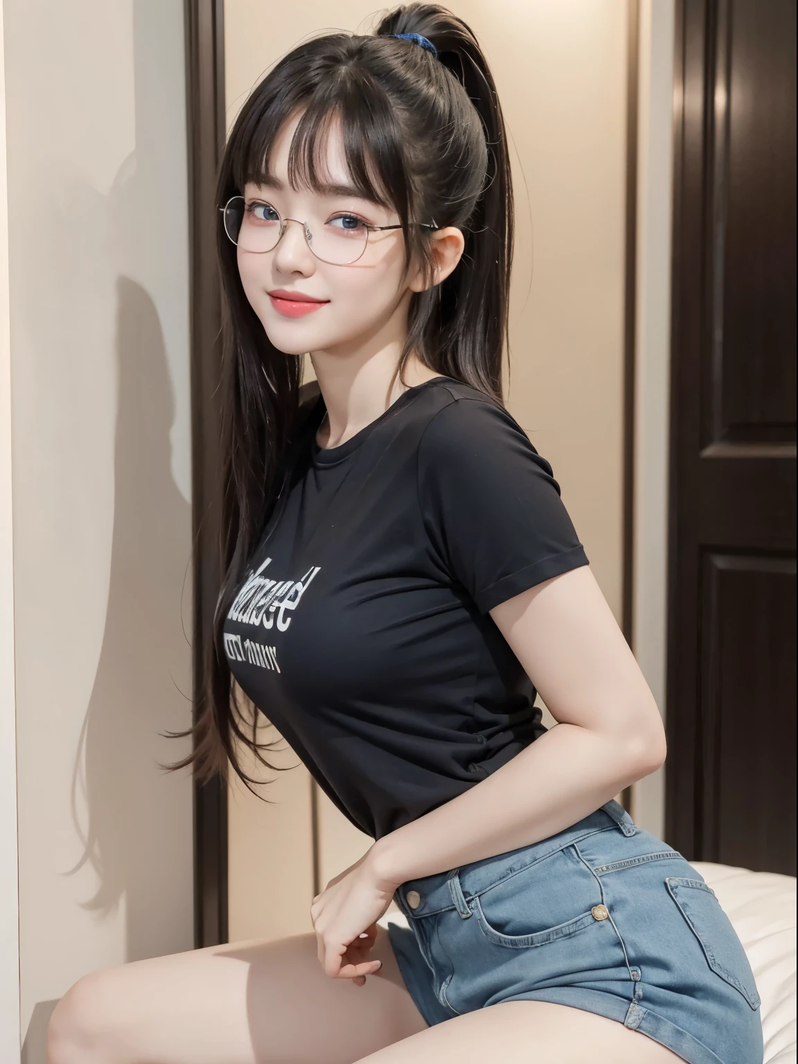 (Best quality, masterpiece, detailed), (RAW, 4k, hd images), shy, 1 girl, , white skin, long hair, ponytail, layers hair, bangs, black hair, beautiful girl, cute girl, sweet girl, pretty girl, perfect girl, pretty eyes, blue eyes, thin lips, thin, eye line, perfect round breast, glasses(detailed frame), simple background, smile, thigh, legs, tshirt clothes, short pants, side angle capture, half body, side breast