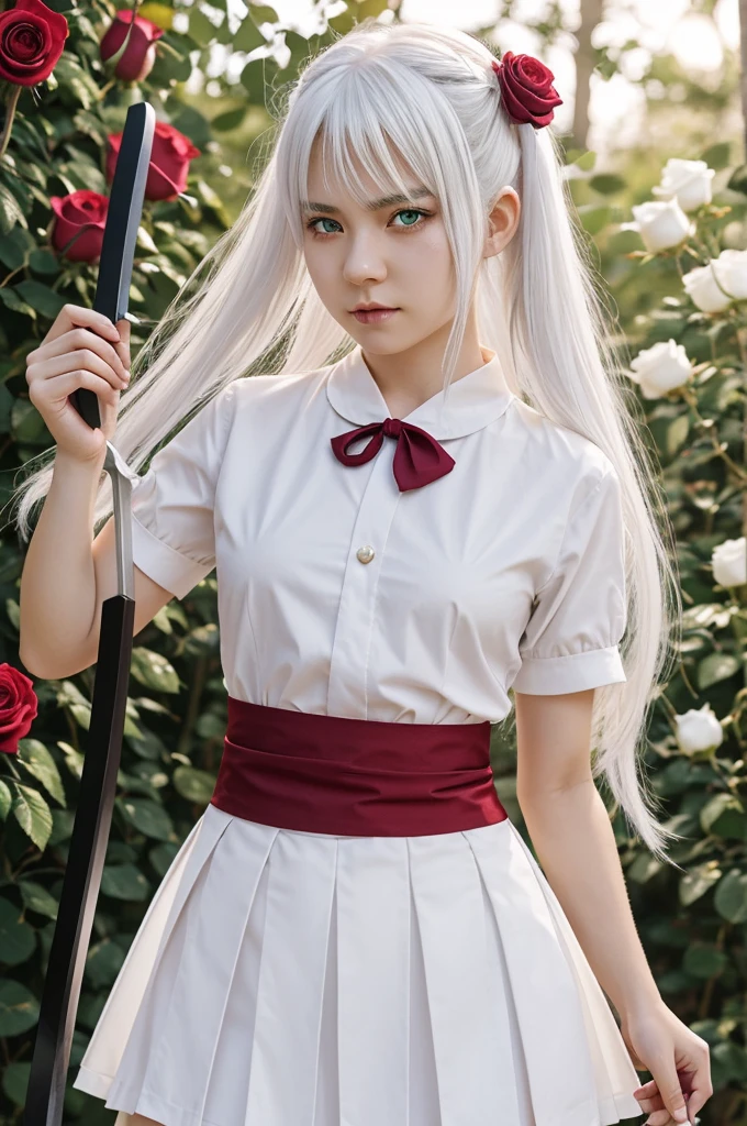 Create a Demon Slayer Girl Face: medium white hair, green eyes, scar on left cheek and white skin tone Body: scars on arms, skirt uniform and red haori with white details Breathing and katana: Breath of the roses and double katana Accessories: a brooch in the hair of a rose