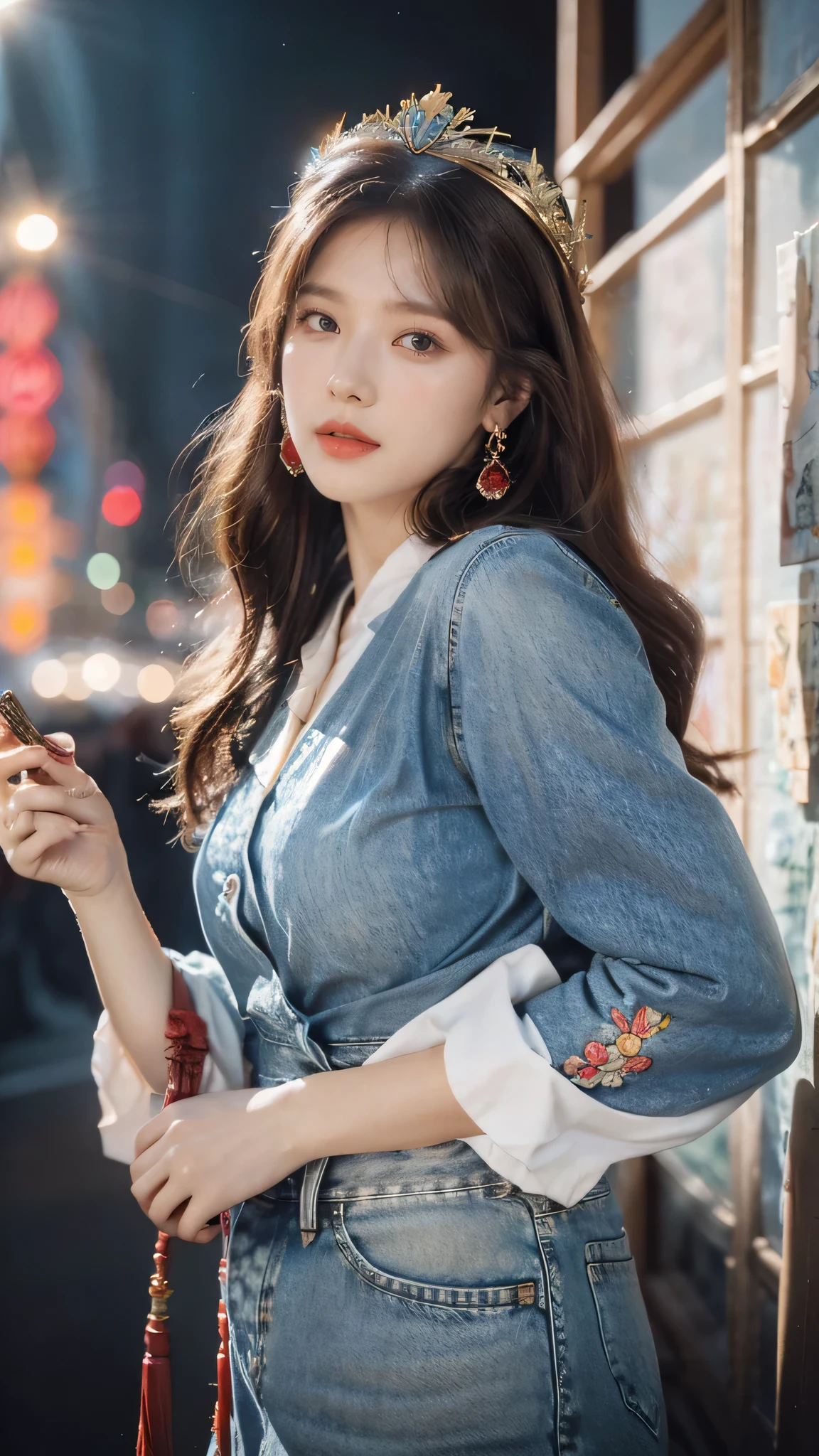 Best quality, masterpiece, super detailed high resolution, (realistic: 1.4), watercolor style, illustration, dazzling background color,, 1 Girl Holding Weapon, (Solo Exhibition: 1.2), (Denim Lens: 1.2), (Hair Crown: 1.2), Chinese Dunhuang Traditional Costume, No Straps, (Red Eyeliner: 1.2), (: 1.4), Earrings, Dynamic Angle, Opera House, messy_long_hair, Ink, Movie Lights, lens_flare, Velvet, , Tassels, Ribbons, Color Embroidery,