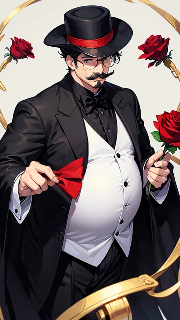 One mustachioed plump "Tuxedo Mask" with a big belly in a black suit and black hat and a carnival white mask, holding a red rose in his teeth