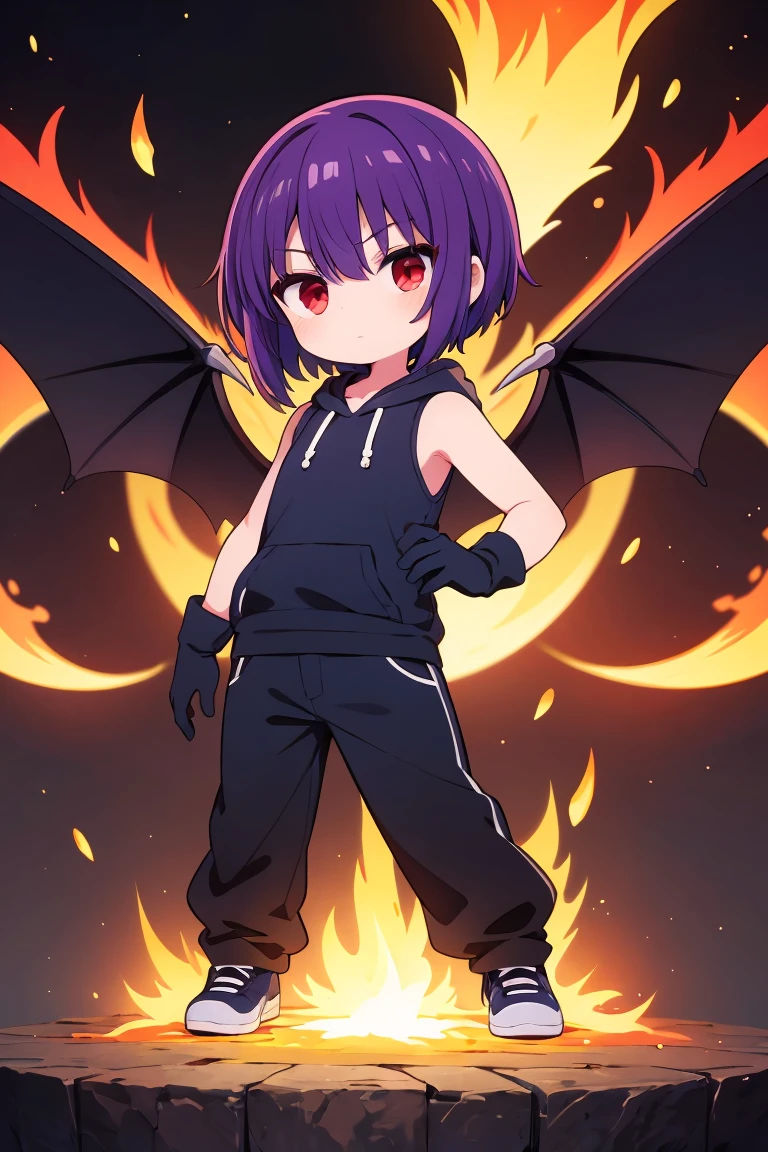 a boy with messy purple hair, short hairstyle, red eyes, wearing a sleeveless blue patterned hoodie, black pants, holding a black gloved hand, bat wings, manipulating flames, miniature character, full length pose, solo