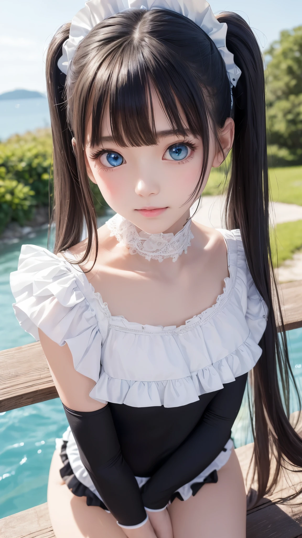 ((masterpiece)), ((highest quality、Ultra high definition)), (Very detailed),8K、Photo quality、((Amazingly cute girl)),-yeld gi), Two people, , (Beautiful emerald blue eyes), ((smile)),In the open-air bath overlooking the sea, Beautifully arranged black hair in twin tails、whole body、Cute lolita maid style swimsuit))、Professional Lighting、(White lace knee-highore detailed and beautiful)、(More details and cutenesore realistic)、(((Just wear light clothing)))、プールではしゃぐ、