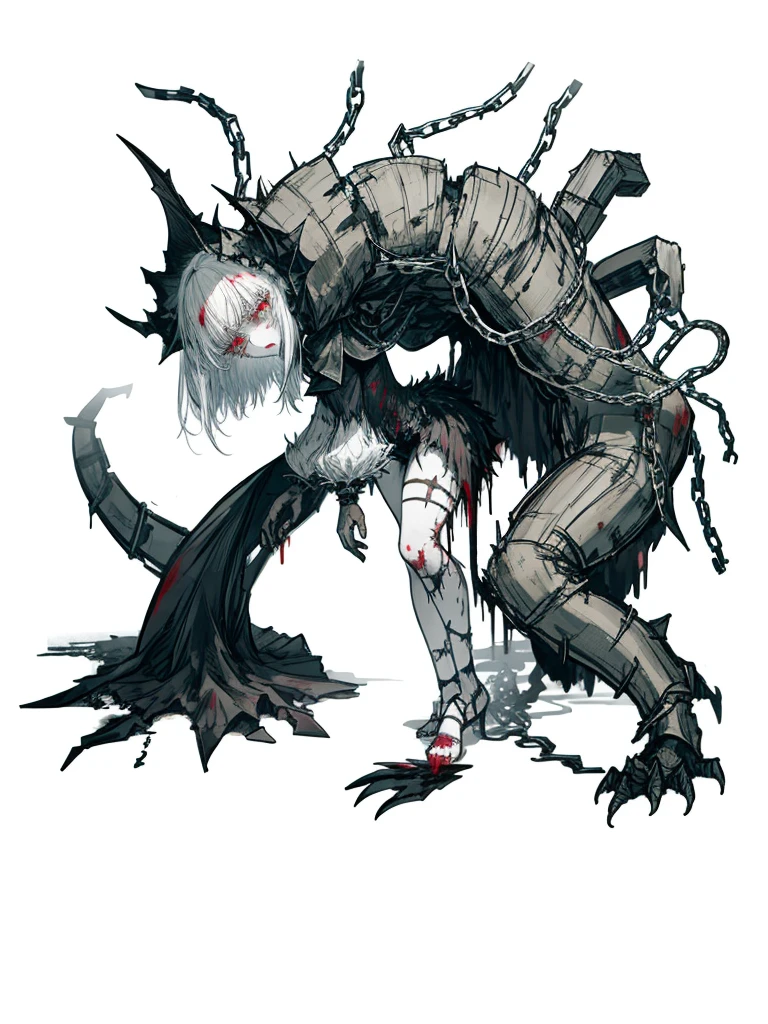 1girl,beast, White hair, blood tears, dark circles under eyes, cursed,(covered in blood, chains), covered in scars, (high resolution, high detail, best quality), pain, scream