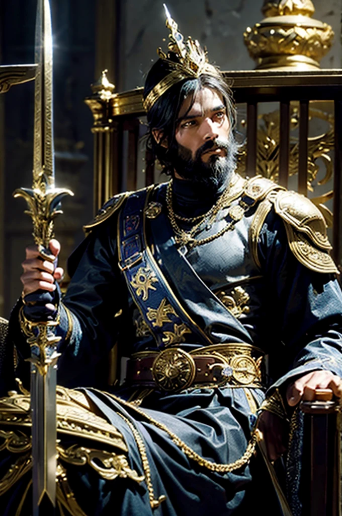 The adult man, The king of swords, king of warrior armor outfit, have golden crown on his head, black beard, holding a king golden swords in his hands, sitting on the golden throne in the palace, His eyes were filled with determination, full body, optimistic, adventurous, cinematic lighting, dramatic skies, detailed facial features, detailed clothing, depth of field, photorealistic, highly detailed, 8k, masterpiece