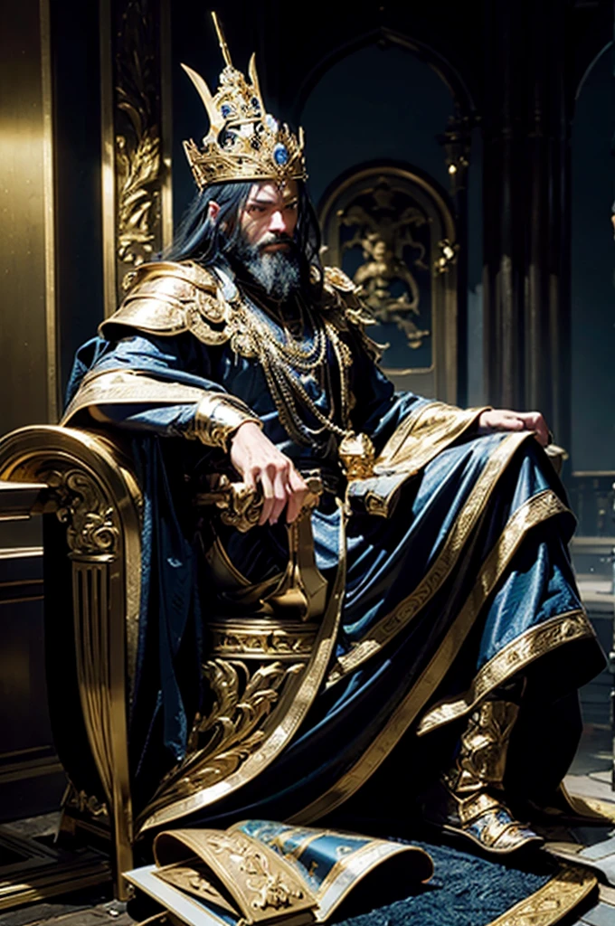 The adult man, The king of swords, king of warrior armor outfit, have golden crown on his head, black beard, holding a king golden swords in his hands, sitting on the golden throne in the palace, His eyes were filled with determination, full body, optimistic, adventurous, cinematic lighting, dramatic skies, detailed facial features, detailed clothing, depth of field, photorealistic, highly detailed, 8k, masterpiece