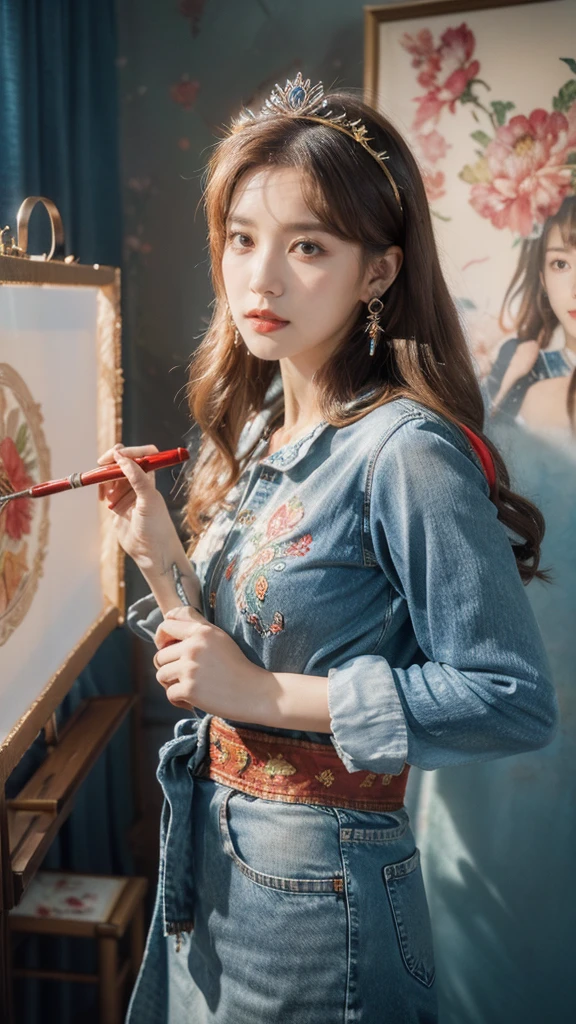 Best quality, masterpiece, super detailed high resolution, (realistic: 1.4), watercolor style, illustration, dazzling background color,, 1 Girl Holding Weapon, (Solo Exhibition: 1.2), (Denim Lens: 1.2), (Hair Crown: 1.2), Chinese Dunhuang Traditional Costume, No Straps, (Red Eyeliner: 1.2), (: 1.4), Earrings, Dynamic Angle, Opera House, messy_long_hair, Ink, Movie Lights, lens_flare, Velvet, Chrysanthemum, Tassels, Ribbons, Color Embroidery,