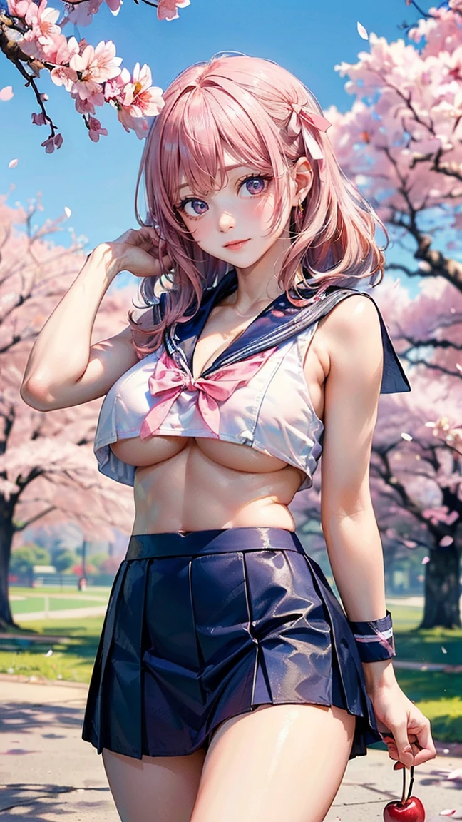 ((Highest quality, 8k, masterpiece :1.3)), (Sharp focus :1.2, Beautiful woman with perfect figure :1.4, Slim Abs :1.2), ((Big Breasts, Emphasize cleavage, The underboob is visible:1.3)), (Photorealistic:1.4), (realistic:1.4), (Pink Hair:1.5), Highly detailed face and skin texture, Fine grain, double eyelid. Makeup face, A little bit of lipstick, sex appeal, Sexy gravure pose, ((White sailor suit and dark blue skirt、The background is a park with cherry blossoms in full bloom、Smiling high school girl brushing her hair back、With pink ribbon。:1.3)