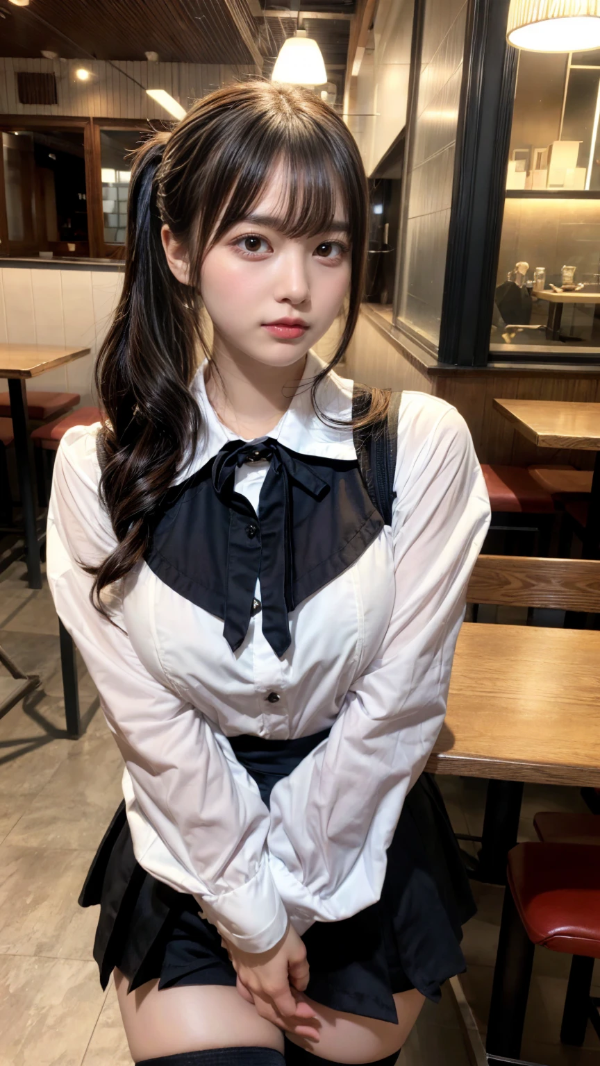 masterpiece, best quality, illustration, Super detailed, fine details, High resolution, 8K,wall paper, perfect dynamic composition,(Details High quality, realistic depiction of eyes:1.3), waitress uniform, restaurant, large breasts, pony tail、black hair color, Big Natural Color Lip, bold sexy pose, crying a little、cold gaze, Harajuku style、20 year old girl、cute type、ta、beautiful legs, gravure idol, Voluptuous thighs