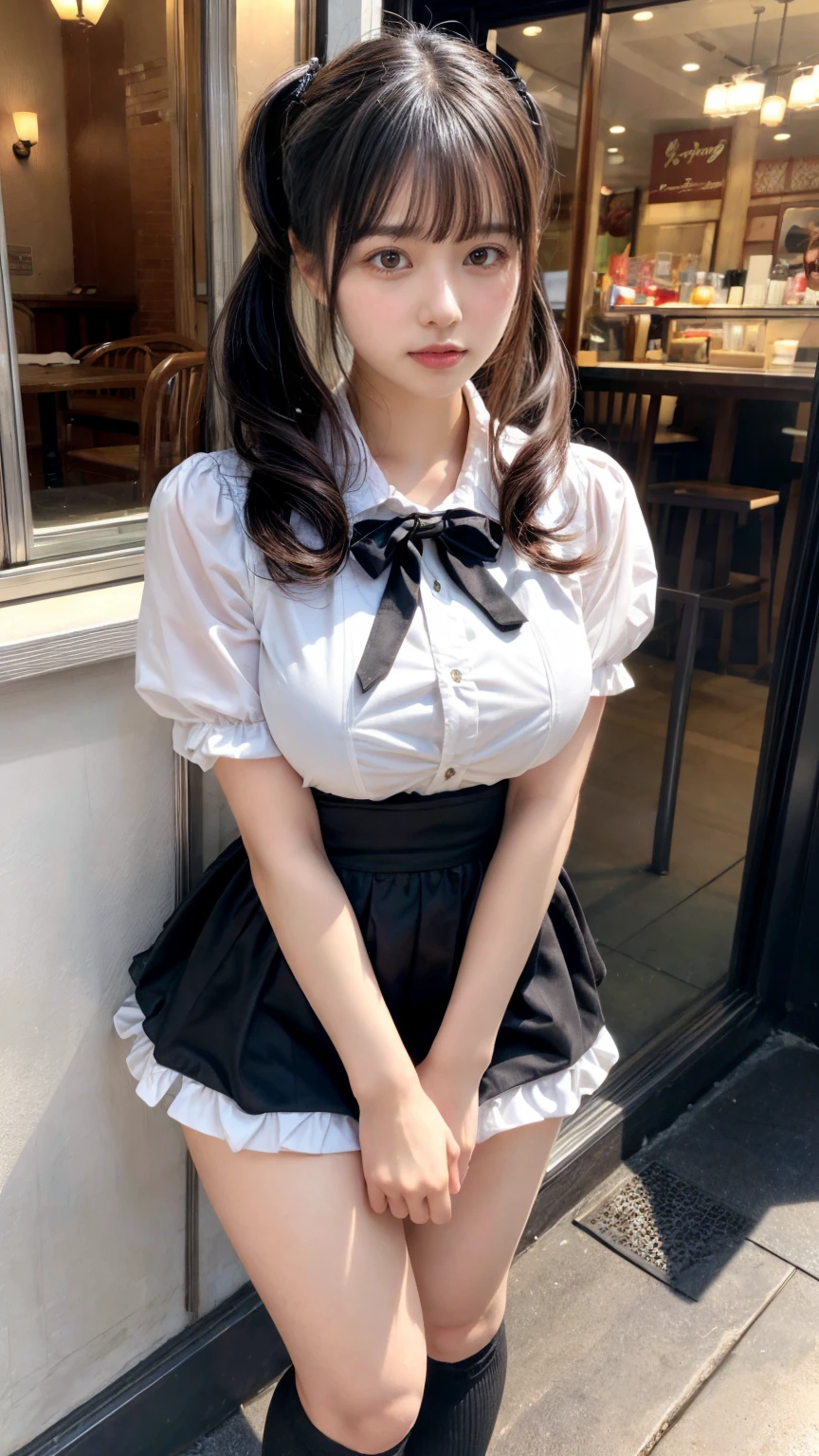 masterpiece, best quality, illustration, Super detailed, fine details, High resolution, 8K,wall paper, perfect dynamic composition,(Details High quality, realistic depiction of eyes:1.3), waitress uniform, restaurant, large breasts, pony tail、black hair color, Big Natural Color Lip, bold sexy pose, crying a little、cold gaze, Harajuku style、20 year old girl、cute type、lolita、beautiful legs, gravure idol, Voluptuous thighs