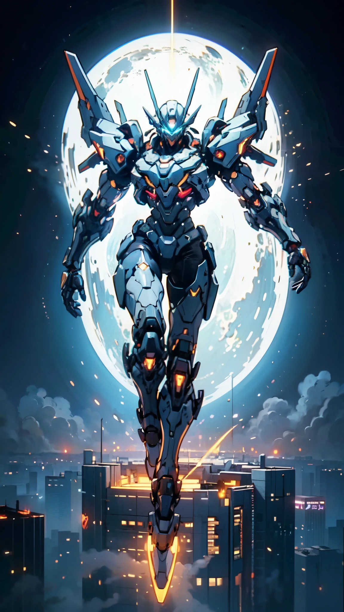 (masterpiece:1.5, best quality:1.5, extremely delicate:1.5), humanoid Mecha, fully enclosed shoulder guards, matching arm and leg guards, full body, full armor, the design balances heavy with agility, (the color scheme is primarily white with red and blue accents, the concept Inspired by Super robot, organic biotech armor, standing, floating high above the futuristic sci-fi city), exquisite and mature art style, (aura effect, energy, glowing eyes, the armor glows), metallic, dramatic, high definition, highres, ultra-detailed, ultra-fine painting, professional, perfect body proportions, anatomically correct, symmetrical face, extremely detailed eyes and face, high quality eyes, creativity, RAW photo, UHD, 32k, Natural light, cinematic lighting, masterpiece-anatomy-perfect
