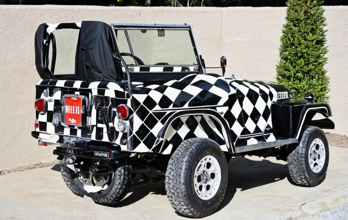A black and white checkered jeep