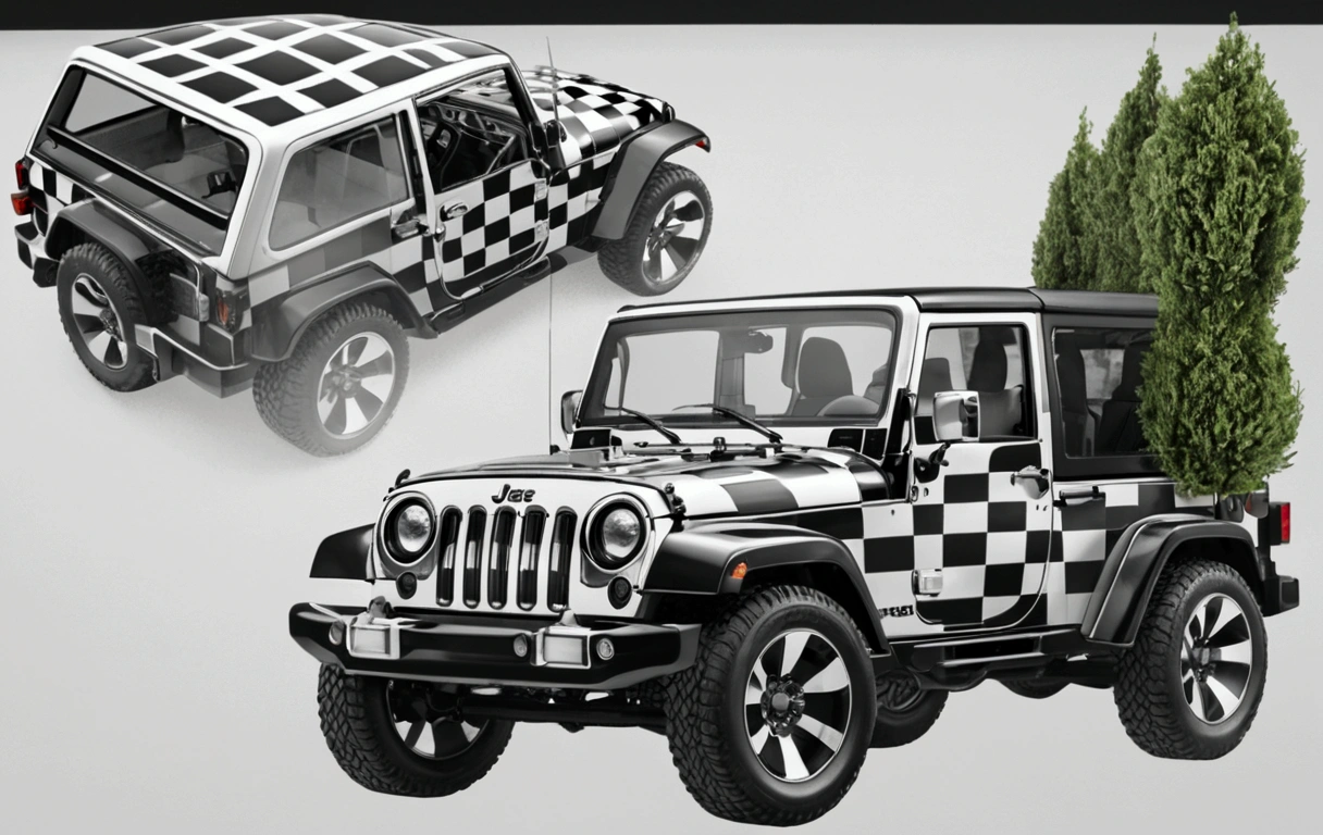 A black and white checkered jeep