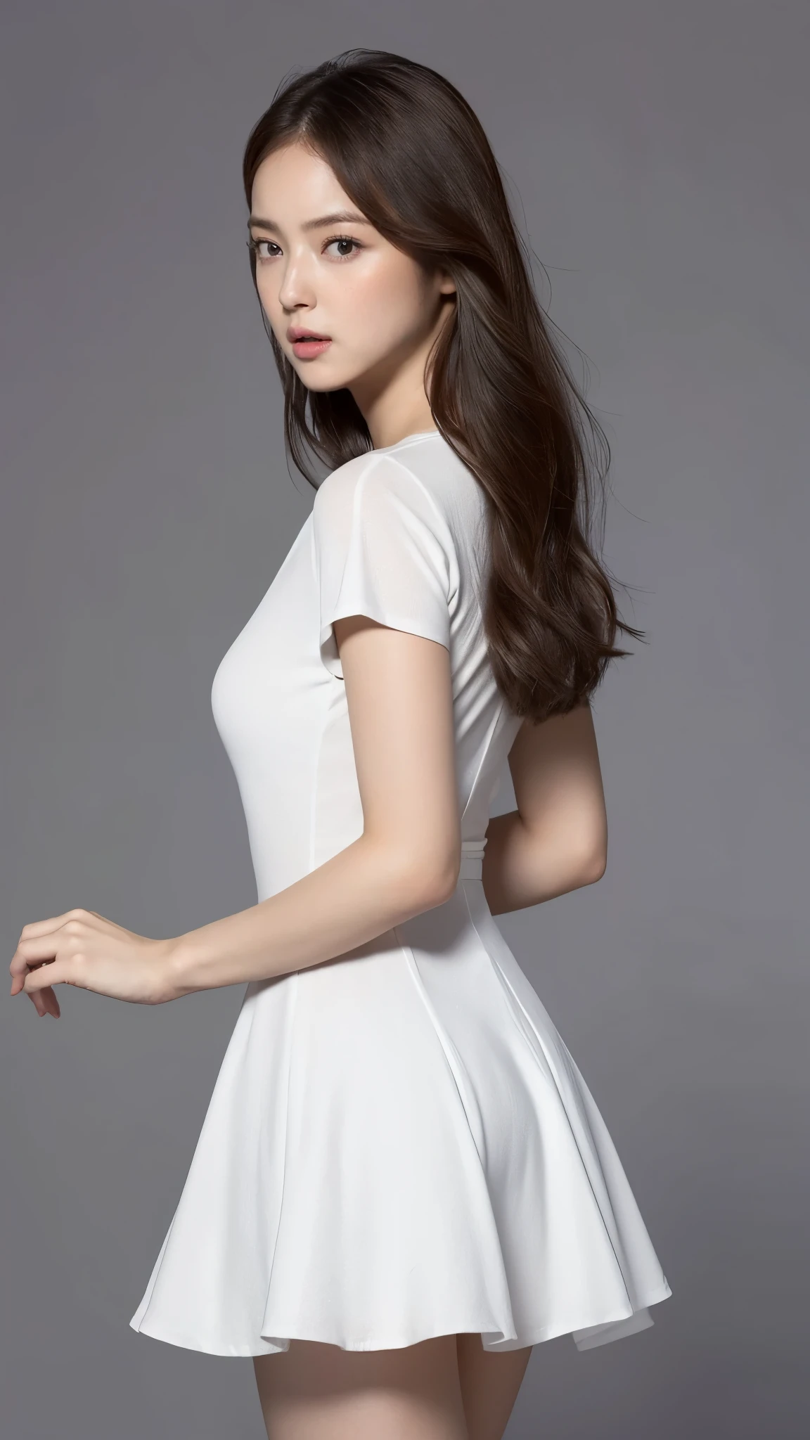 Highest quality,masterpiece,Ultra-high resolution,(Actual:1.4),Original photo,Ultra-high resolution，8K，There are also women，Fair skin、white short sleeve dress ,
Long legs:1.5，Bright and beautiful，high waist，Flashy makeup，Gray background，