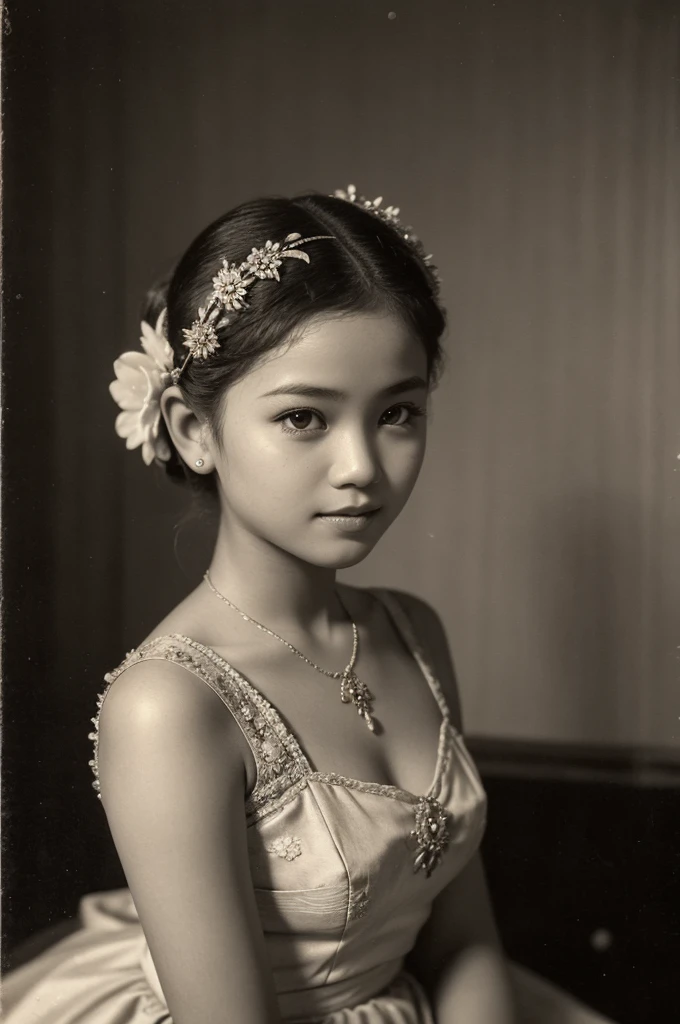 arafed photo of a young Indonesian girl in kebaya clothes, inspired by RA Kartini, kebaya photo, old sepia photography, young girl, beautiful, vintage photography, kebaya photo, antique photo, beautiful young girl, cute 18 year old young girl, young, black - white retro photo 1920, vintage photography, antique photos, old photography, hair in a bun or bun, cute face,