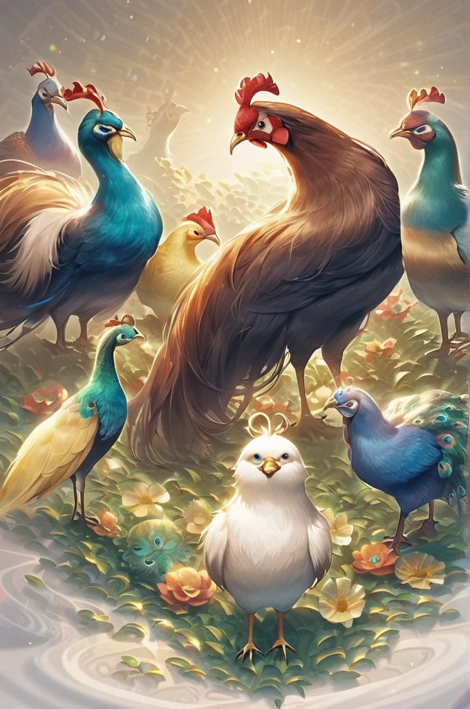 ((Лучшее качество)), ((шедевр)), (подробный), one rooster, one dog and one peacock