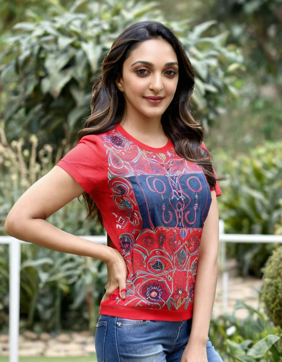 Masterpiece , highly detailed , best quality , perfect face , kiara advani, wearing too short sleeves red printed t-shirt and blue jeans , in garden , arms bound behind back with rope , looking at camera , standing still 