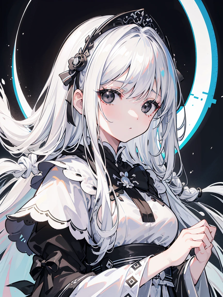(Top image quality)、(Very detailed)、(Facing forward)、Top quality、masterpiece、(((1 girl )))、Silver Hair、White hair、((Long hair))、Weaving、(black eyes:1.6)、(White and black cheongsam)、Hooded dress、Lots of decorations、Lots of ribbons、White Ribbon、She looked grim.、Fluffy loose hair、Hanfu