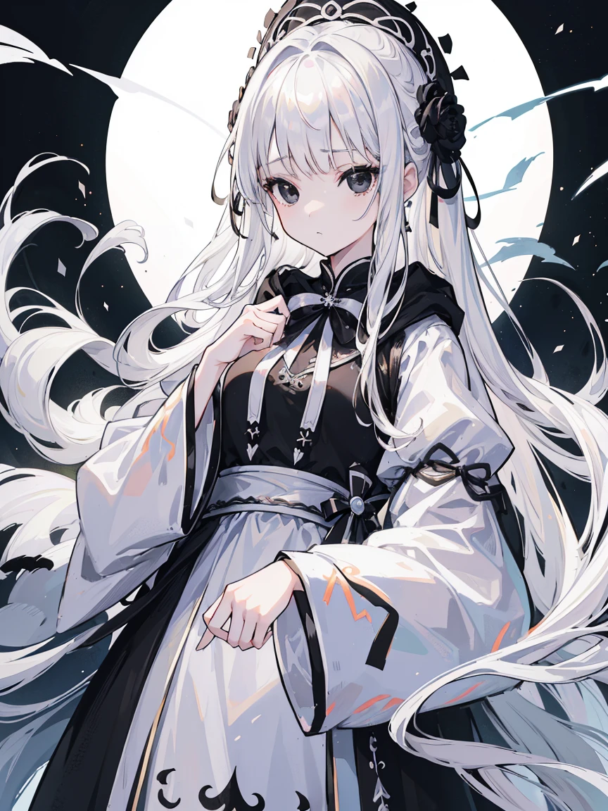 (Top image quality)、(Very detailed)、(Facing forward)、Top quality、masterpiece、(((1 girl )))、Silver Hair、White hair、((Long hair))、Weaving、(black eyes:1.6)、(White and black cheongsam)、Hooded dress、Lots of decorations、Lots of ribbons、White Ribbon、She looked grim.、Fluffy loose hair、Hanfu