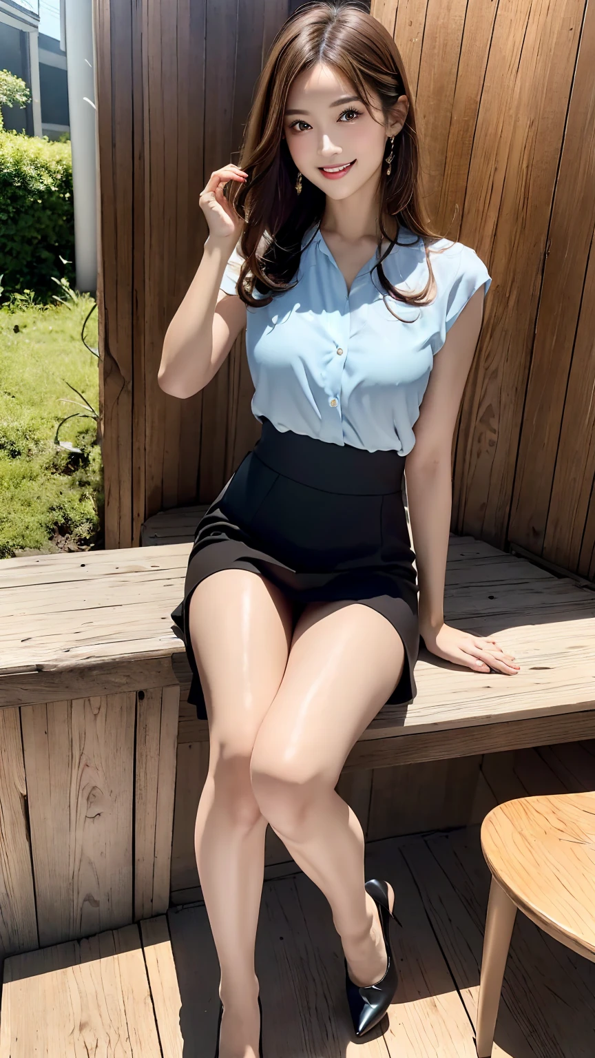 (Best Quality, masutepiece, Ultra HD: 1.3, High brightness, High color saturation), 1girl in, (middlebreasts), light brown hair, Asymmetrical hair, straight haired, Long hair, ( slender body shape, Constricted waist), (Ultra Fine Face), Delicate lips, (beautidful eyes), thin blush, eyes are brown, perfect glossy skin, View here, Smiling smile, ( hide one's hands), (Sitting on a bench), (thin and long legs, Thighs and toes:1.5), See-through white blouse, Tight skirt, (White pumps), (a japanese girl, hposing Gravure Idol), Broad-leaved forest, 135 mm, Fuji Film