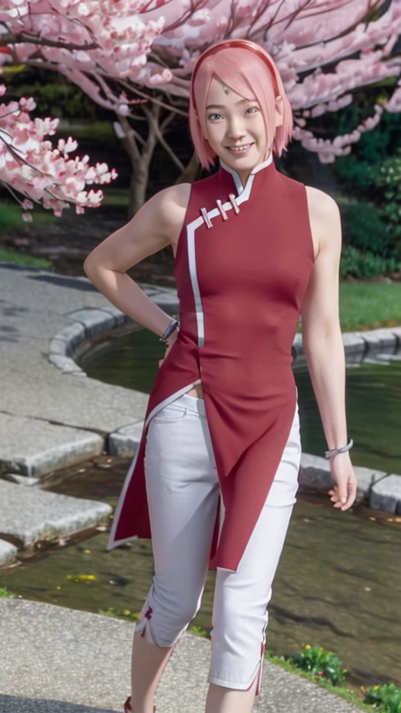 masterpiece, absurdres ,1girl, haruno sakura,forehead mark, red hairband, red sleeveless dress, white pants,navel, groin, bracelet, looking at viewer, crossed arms, smile, cherry blossoms, wind, floating hair,