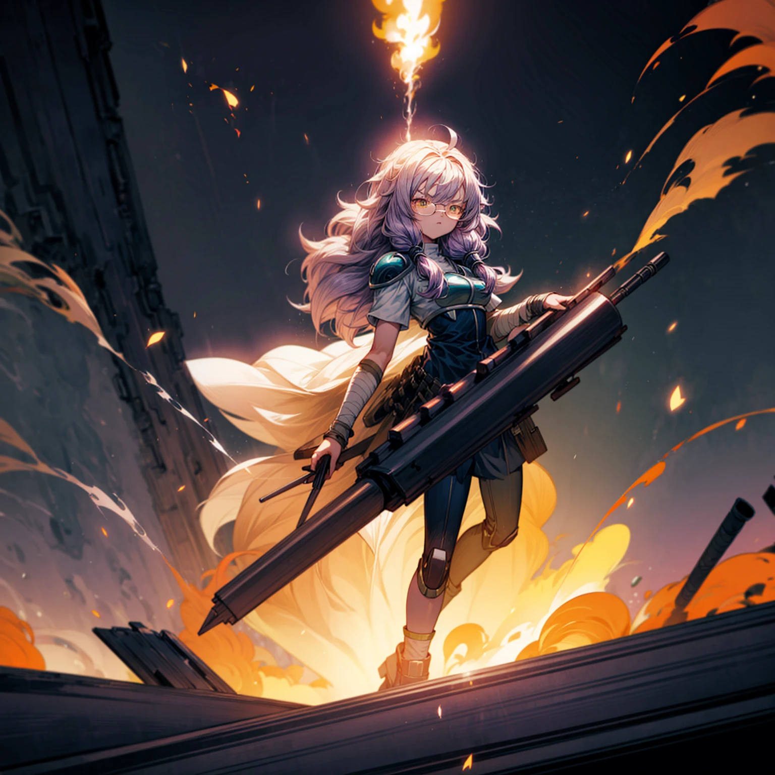 1girl, 1character, gold eyes, long Curly haircut, lavender color hair, army style clothing, white glasses, Long socks, boots army,  full iron armor, bandage on hand, Grassroots, background in fire city street, motion blur, (dragon ball style art), Big robot gun in hand, smoke effect, aura effect, Fire, lighting fire, plasma effect, fire city, (high angle view, full body view version, angry eyes)