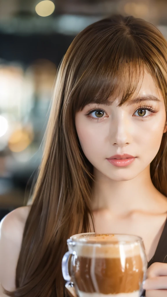 Best quality, 8k, ,Masterpiece :1.3)), facing viewer,((full body1.2)) ,pretty woman, wide shot ,1girl, , café,, , brown hair , bangs,ultra-detailed face, highly detailed lips, detailed eyes, double eyelid