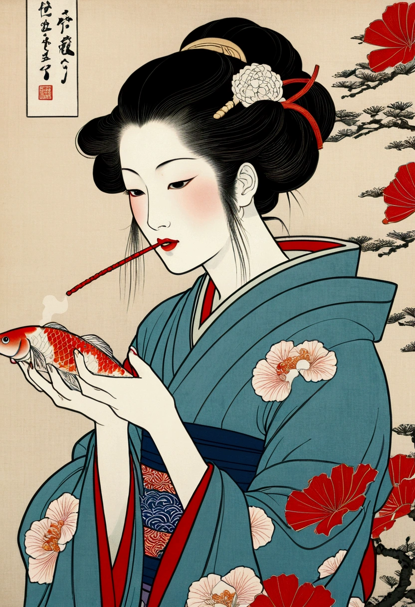 whole body、Top quality、Ukiyo-e　Sharaku　Woman blowing Beadlo close-up with koi behind her