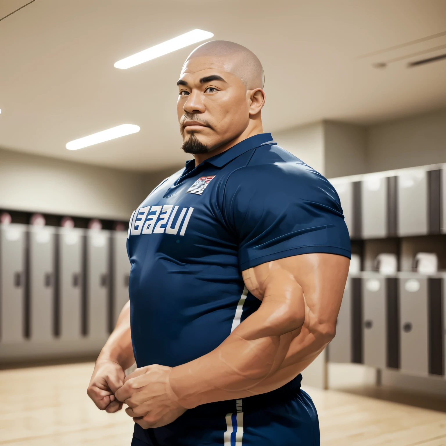 inside club locker room, facing each other, (rugby uniform:1.2), Japanese man, Chinese man, Korean man, Taiwanese man, manly face, round face, monolid eyes, (buzz cut:1.4), very large and strong body, bulging muscles, very large pectoral muscles, muscular arms, muscular abs, muscular legs, muscular back, brightens oily skin, master piece, realistic, panorama, distant view