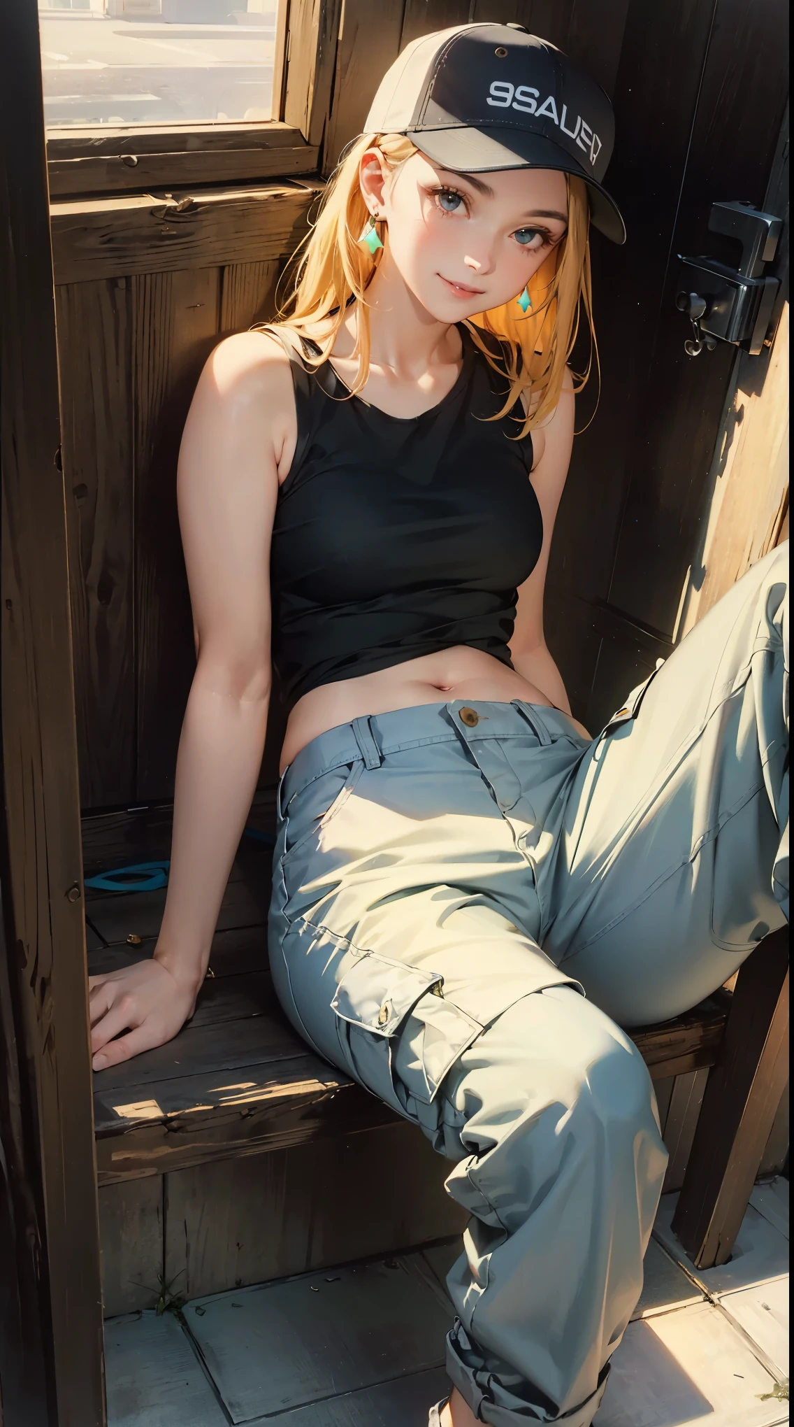 Cinema Lighting,Precision human body,RAW photos,4K - Ultra-realistic,best quality, masterpiece, Ultra-high resolution, (Reality: 1.4),((linoleum,Radiant Skin、Reality的 skin texture、Beautiful skin in every detail、Glowing skin、Glowing skin))、beautiful eyes, Perfect face and eyes、Super Resolution,(Reality的:1.3),(1 Slim girl), Fashion Girl, (Smile),Baseball cap, earrings,(Loose cargo pants)