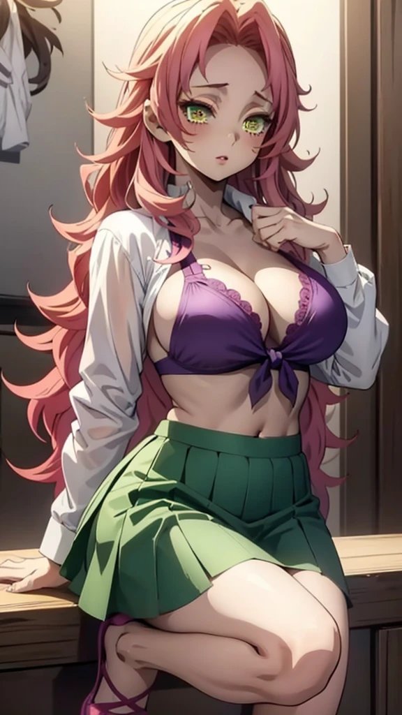 In anime, a sexy girl with a big breast, sensual, beautiful, popularity, beautiful, , long curly yellow hair, her green eye, a pretty pink lip, wears a white button-down shirt, a tied knot, shows her navel, shows her chest, a purple bra and a short green skirt, a black heel.