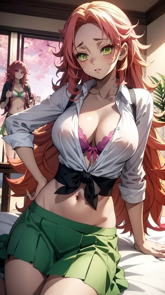 In anime, a sexy girl with a big breast, sensual, beautiful, popularity, beautiful, , long curly yellow hair, her green eye, a pretty pink lip, wears a white button-down shirt, a tied knot, shows her navel, shows her chest, a purple bra and a short green skirt, a black heel.