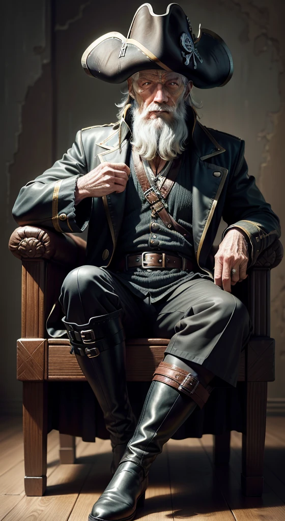 Old gentleman with a goatee,sit on chair,Eyes look at boots,Black high-gloss rain boots, 8K resolution,Wallpaper masterpiece,Best quality,digitial painting,Highly meticulous,Ultra high quality,{{pirate}}