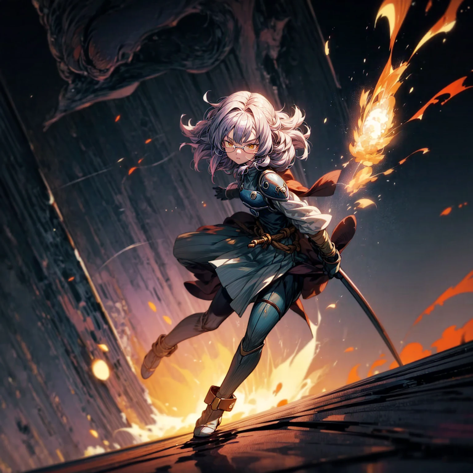 1girl, 1character, gold eyes, long Curly haircut, lavender color hair, army style clothing, white glasses, Long socks, boots army,  full iron armor, bandage on hand, Grassroots, background in fire city street, motion blur, (dragon ball style art), Big robot gun in hand, smoke effect, aura effect, Fire, lighting fire, plasma effect, fire city, (high angle view, full body view version, angry eyes)