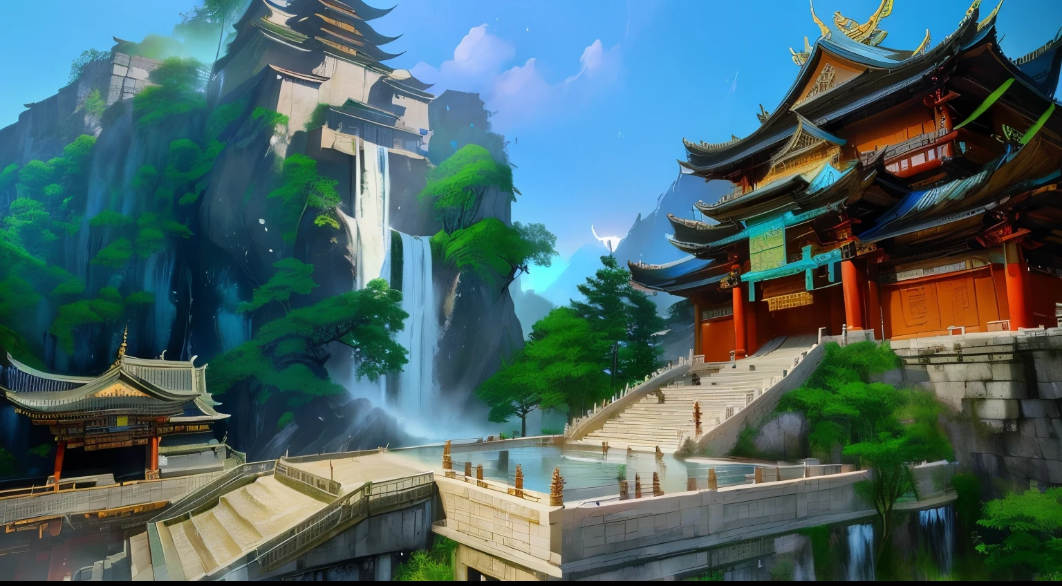 A waterfall flowing out of a building in a fantasy world, mysterious temple setting, Temple Background, screenshot, Cyberpunk Chinese Ancient Castle, by《Guild Wars 2》World as background, zen Temple Background, 精美screenshot, Dojo on the mountain, Stunning scenery, Stunning scenery, Ruins and waterfalls, G Liulian art style, bian lian