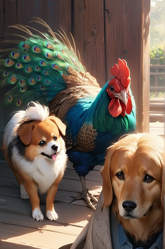 ((Best quality)), ((masterpiece)), (detailed), friends dog , rooster, peacock