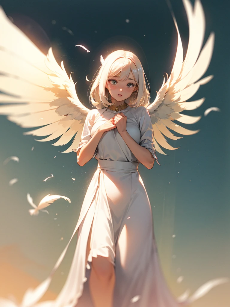 (Sumilux f1.4 24mm , low Latitude old color negative film , cross process , bokeh, flare, chromatic aberration , soft focus, (Shallow focus) , soft glow , Maximum aperture, High Key , Transparent depiction) , Wide angle , anime Harpy girl , kawaii round face , skinny body , luxury long dress , Many feathers fluttering down , looking away , clothed erotica , Opera singer pose , on the The peak of the rock , Strong winds , Cloaca , (splash White excrement:1.2) , Hide with feathers , excretion scene