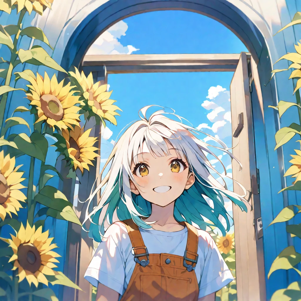 solo,handsome, Water color ,
1. Female,
,Straight Hair,long Hair,White hair,
Kazuka Nakano ,
brown eyes,Soft look, big-mouth smile,
beautiful,ta,
smile,skin, Blue sky, entrance cloud,
White T-shirt, overall,
summer,
simple background ,Face up,
sunflower field ,icon,