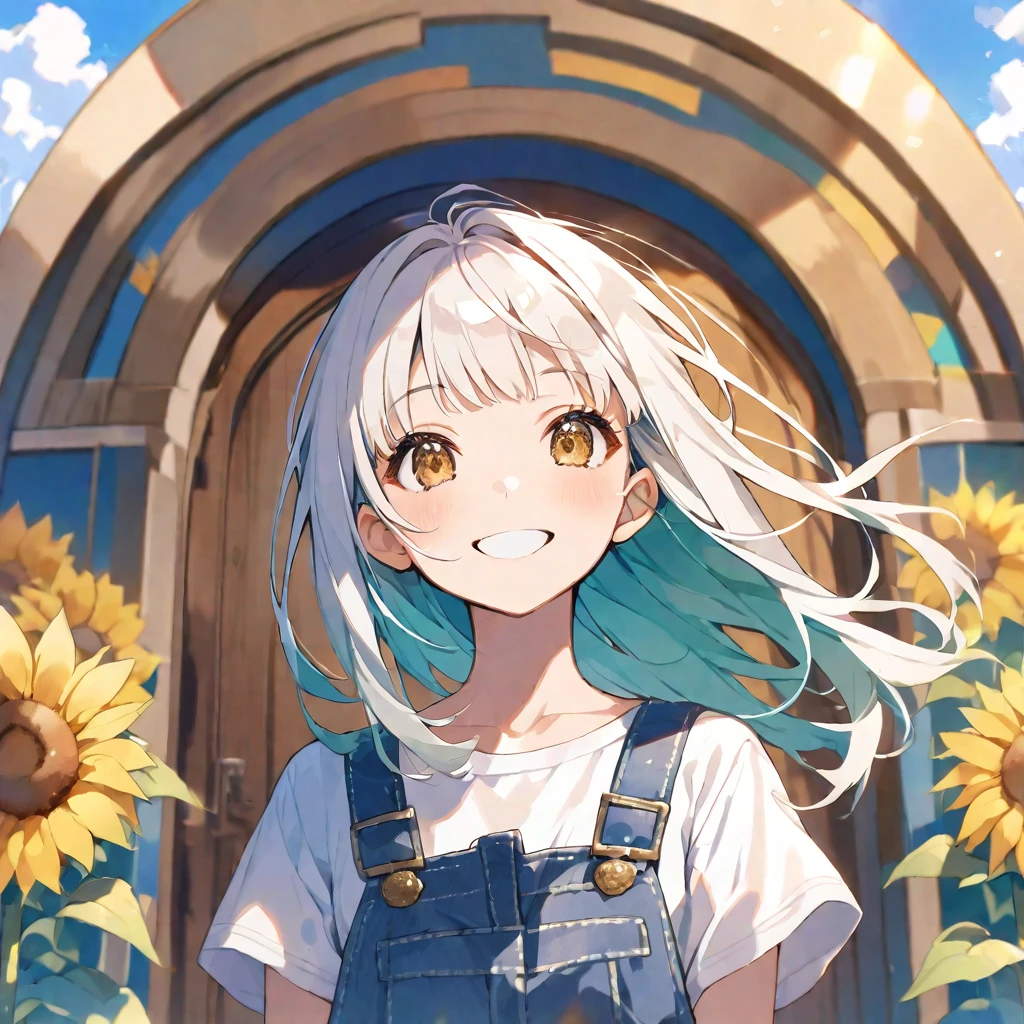 solo,handsome, Water color ,
1. Female,
,Straight Hair,long Hair,White hair,
Kazuka Nakano ,
brown eyes,Soft look, big-mouth smile,
beautiful,ta,
smile,skin, Blue sky, entrance cloud,
White T-shirt, overall,
summer,
simple background ,Face up,
sunflower field ,icon,
