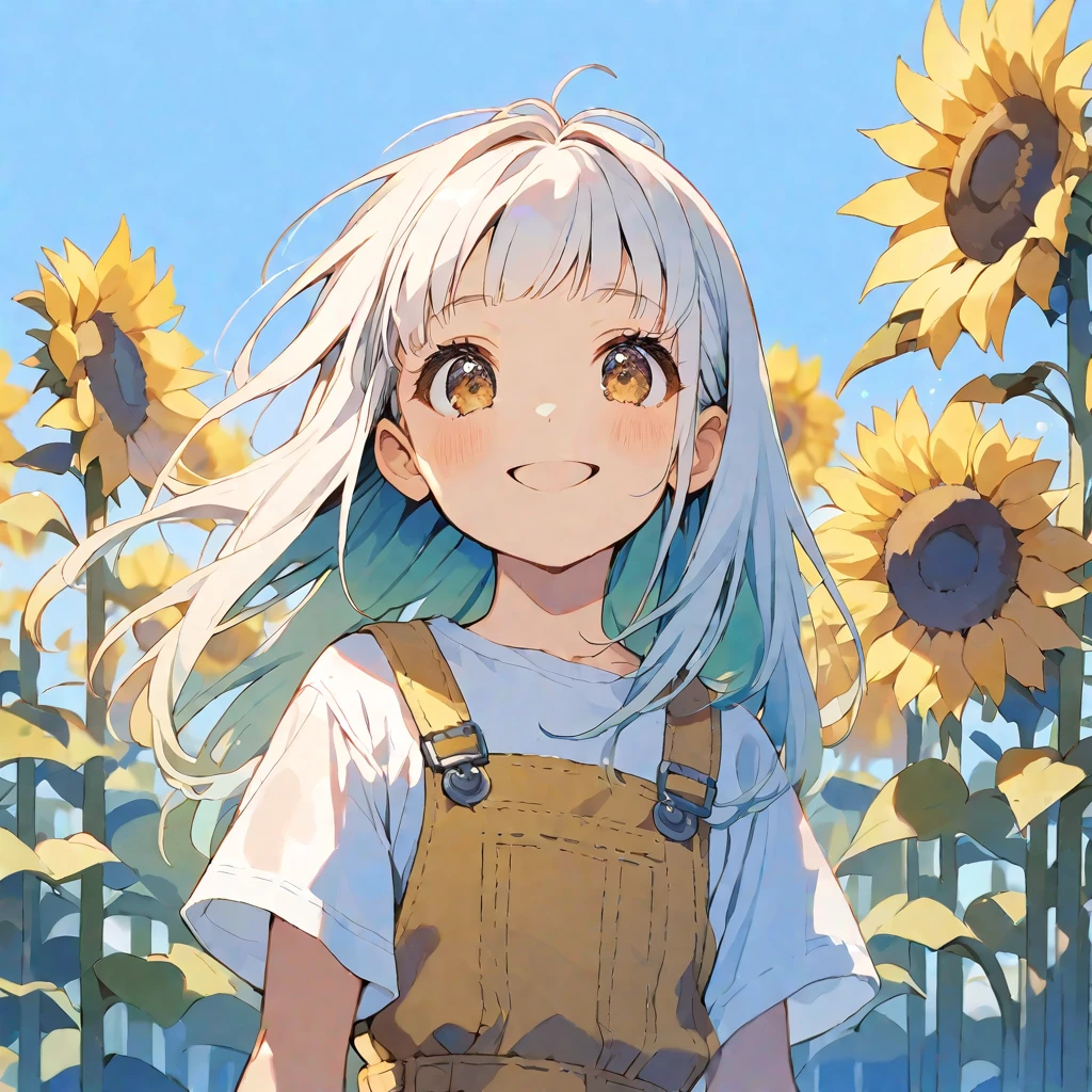 solo,handsome, Water color ,
1. Female,
,Straight Hair,long Hair,White hair, 
Kazuka Nakano ,
brown eyes,Soft look, big-mouth smile,
beautiful,Lolita,
smile,skin, Blue sky, entrance cloud,
White T-shirt, overall,
summer,
simple background ,Face up,
sunflower field ,icon,