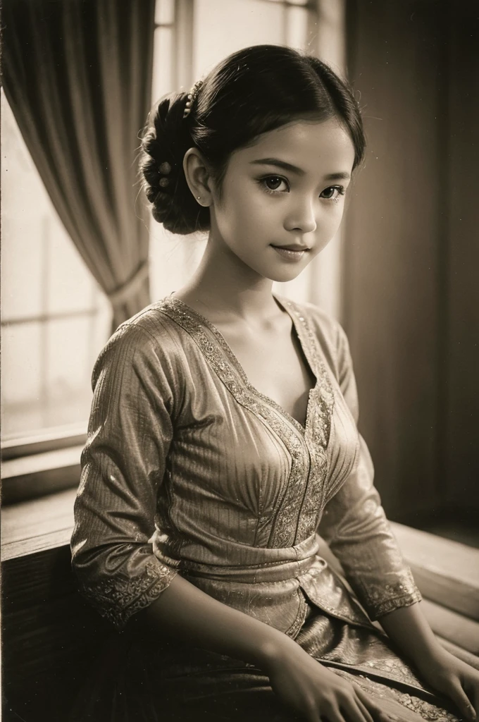 arafed photo of a young Indonesian girl in kebaya clothes, inspired by RA Kartini, kebaya photo, old sepia photography, young girl, beautiful, vintage photography, kebaya photo, antique photo, beautiful young girl, cute 18 year old young girl, young, black - white retro photo 1930, vintage photography, antique photos, old photography, hair in a bun or bun, cute face,
