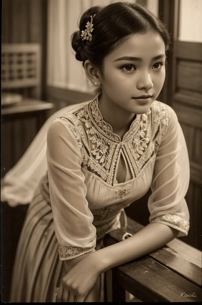 arafed photo of a young Indonesian girl in kebaya clothes, inspired by RA Kartini, kebaya photo, old sepia photography, young girl, beautiful, vintage photography, kebaya photo, antique photo, beautiful young girl, cute 18 year old young girl, young, black - white retro photo 1930, vintage photography, antique photos, old photography, hair in a bun or bun, cute face,