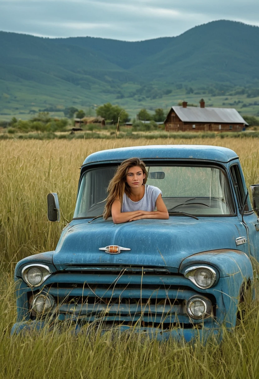 1girl, solo, Cinematic, realistic, UHD, A stunning close up photo of a young supermodel in washed out denim overall over white t shirt, perched elegantly atop an old, weathered blue matte pickup truck. The windshield and the lamp of the truck is dirty and dusty. She exudes confidence and grace as she poses barefoot amidst tall wild grass. The rustic wooden fence and a quaint farmhouse in the background hint at a serene countryside setting. A majestic mountain row looms in the distance, adding depth and scale to the scene. The overall atmosphere of the photo is natural and serene, capturing the essence of a perfect summer day
